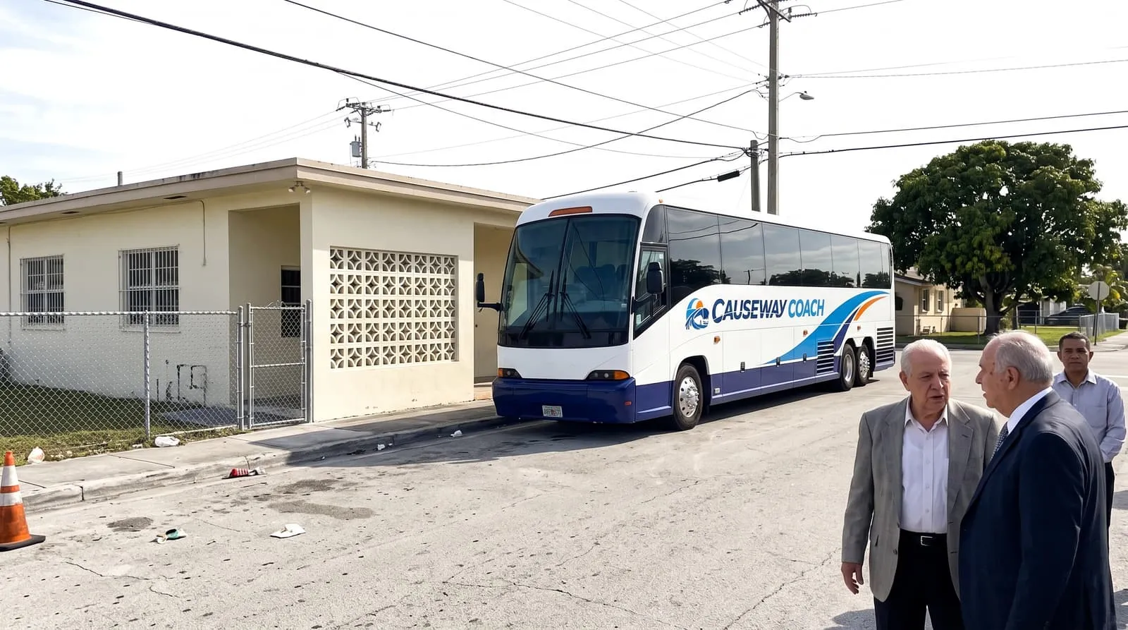 Two older congregation members talking beside a Causeway Coach motorcoach outside a stucco church hall in Hialeah