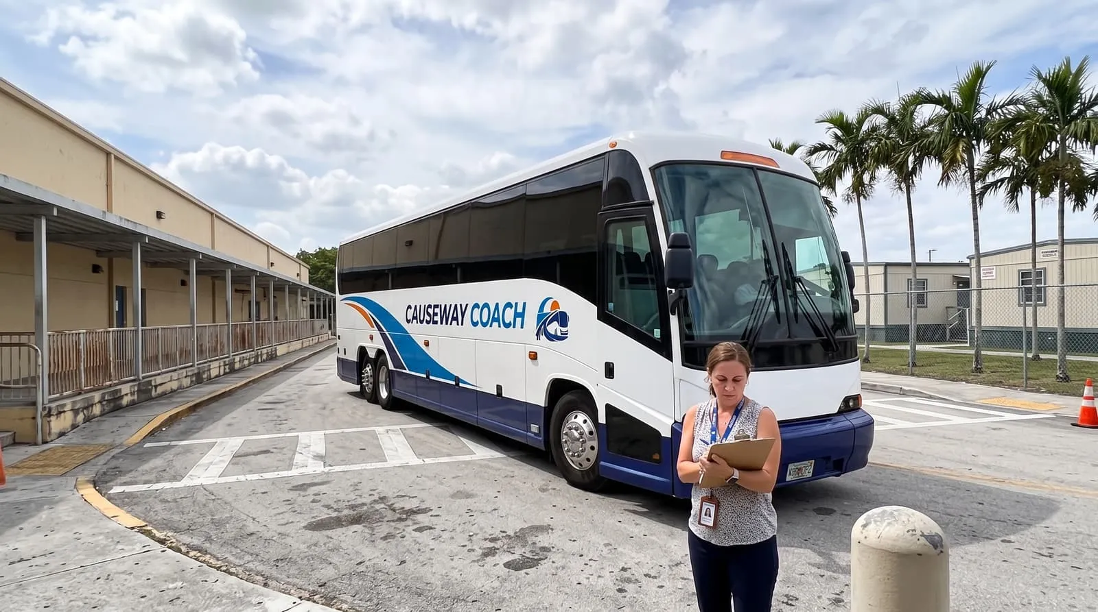 A teacher with a clipboard at the door of a Causeway Coach motorcoach in a Hialeah school pickup loop