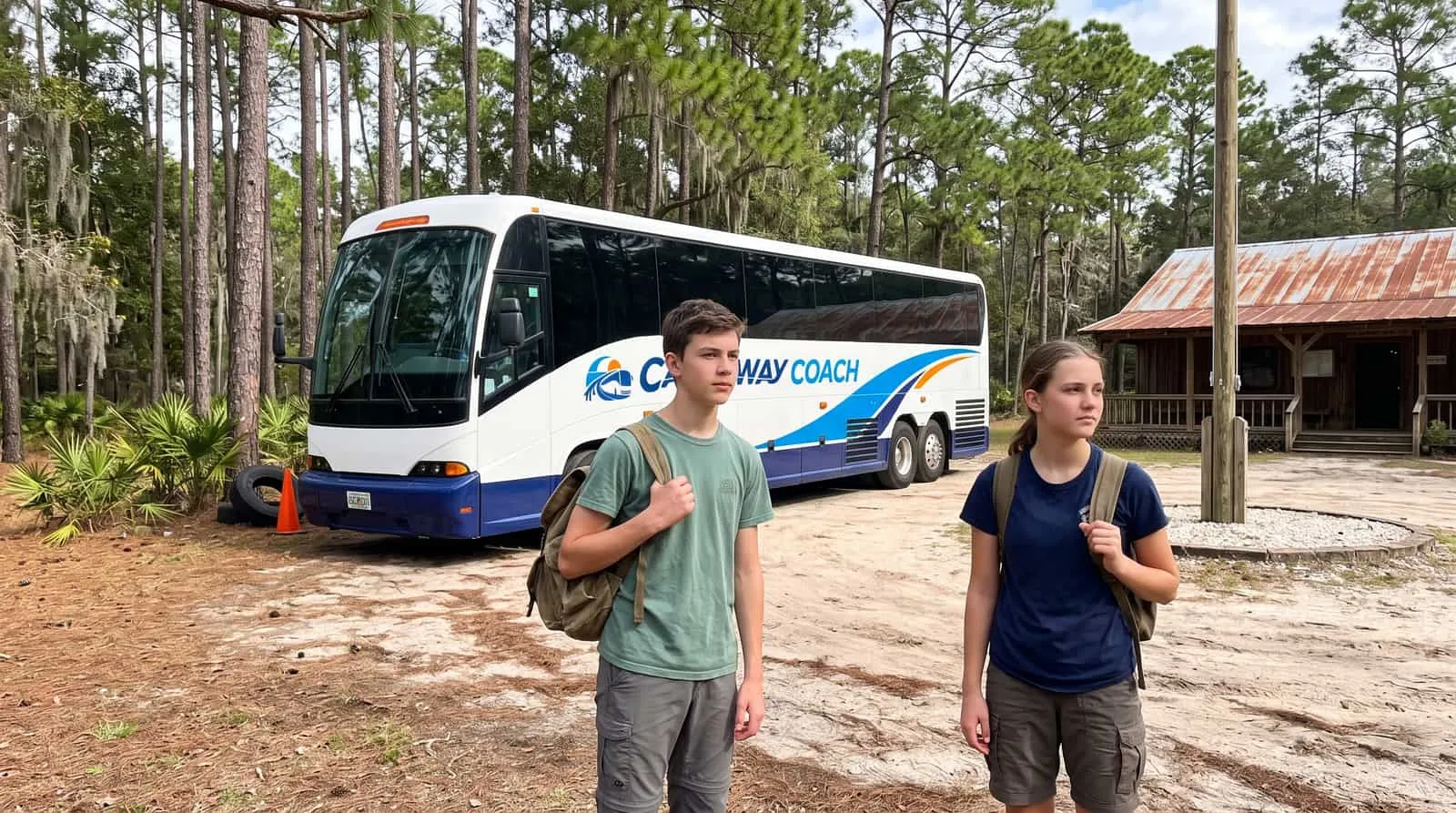 Two teenagers with rucksacks beside a Causeway Coach motorcoach on a dirt clearing at a north Florida scout camp