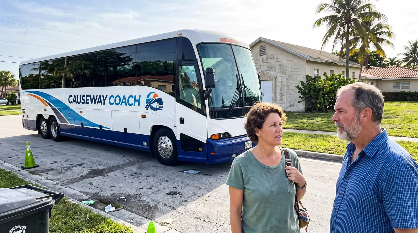 Two adults beside the open door of a Causeway Coach motorcoach on a residential street near a church in Pompano Beach