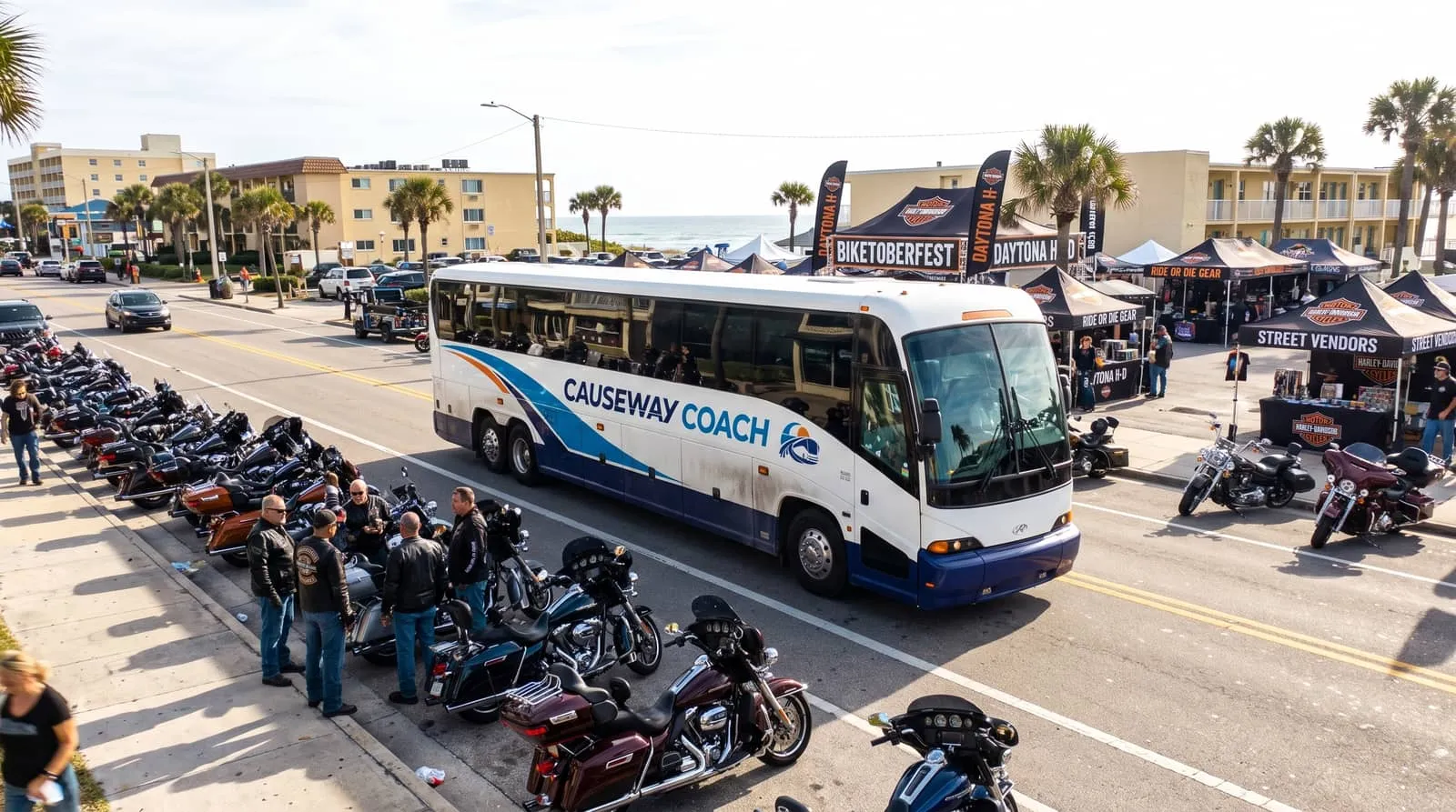 Causeway Coach mid-size coach running a group shuttle in Daytona Beach during the autumn rally weekend