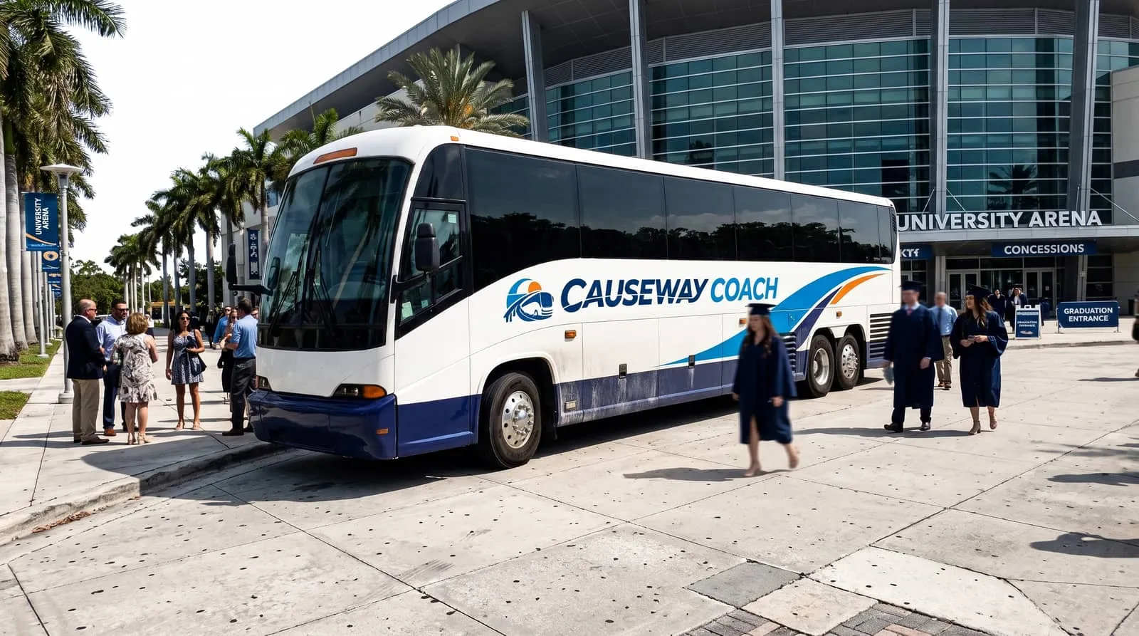 Family group boarding a Causeway Coach shuttle for a Florida university commencement