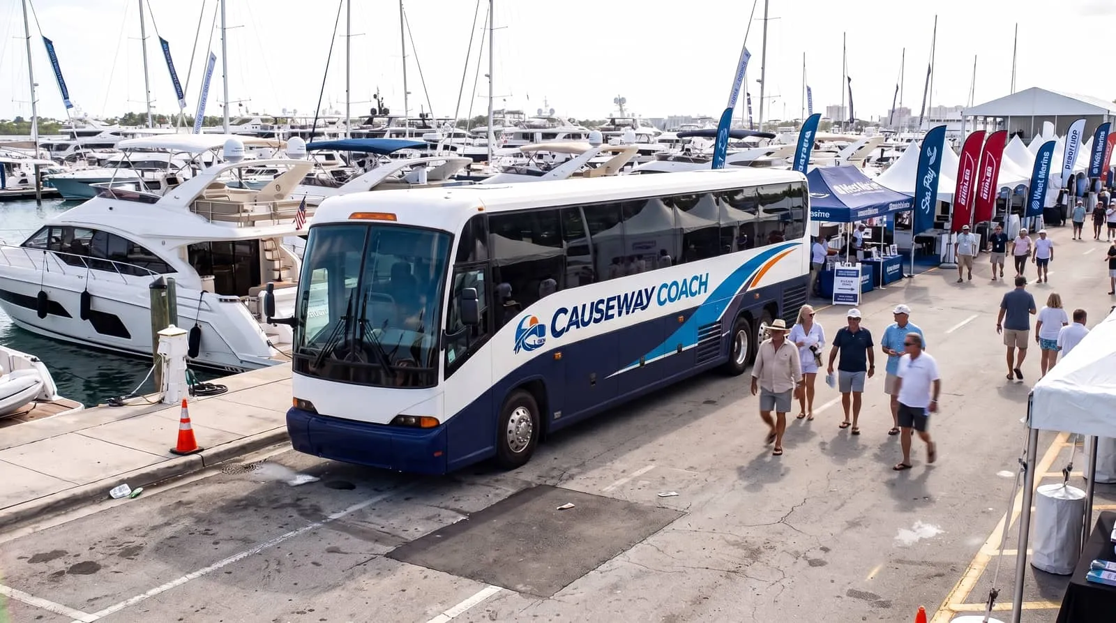 Causeway Coach motorcoach on a Miami causeway during boat show week