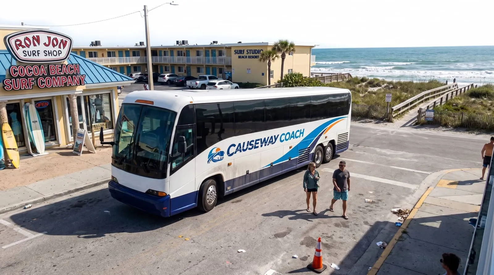 Causeway Coach motorcoach crossing a Space Coast causeway toward Port Canaveral