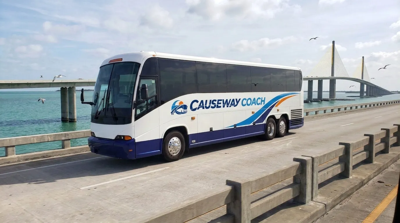 Causeway Coach motorcoach crossing a causeway toward Port Canaveral