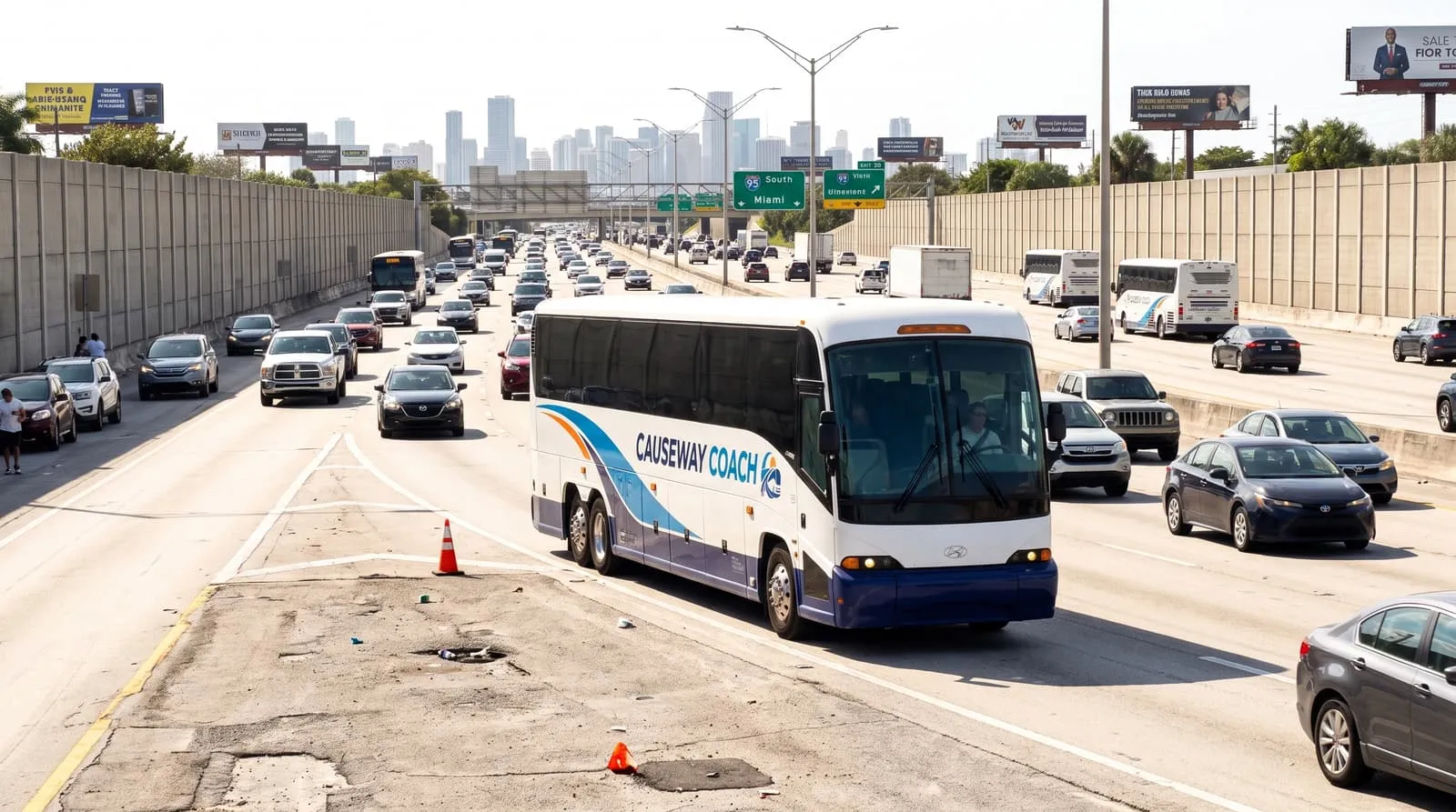 Causeway Coach motorcoach travelling south on I-95 from Fort Lauderdale toward PortMiami
