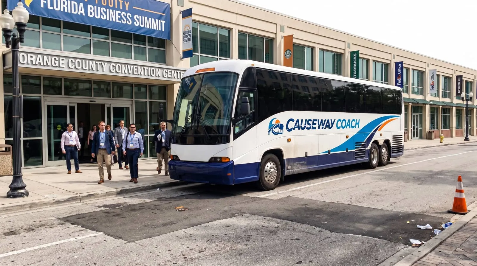 Business group boarding a Causeway Coach motorcoach outside a Florida convention centre