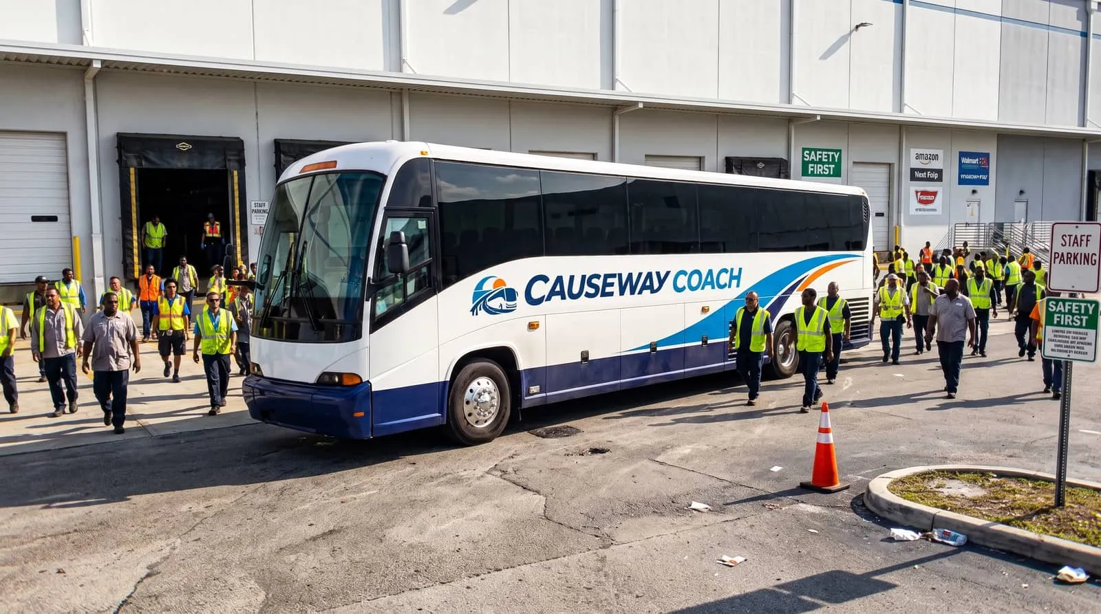 Causeway Coach shuttle collecting a shift crew at a Florida distribution facility