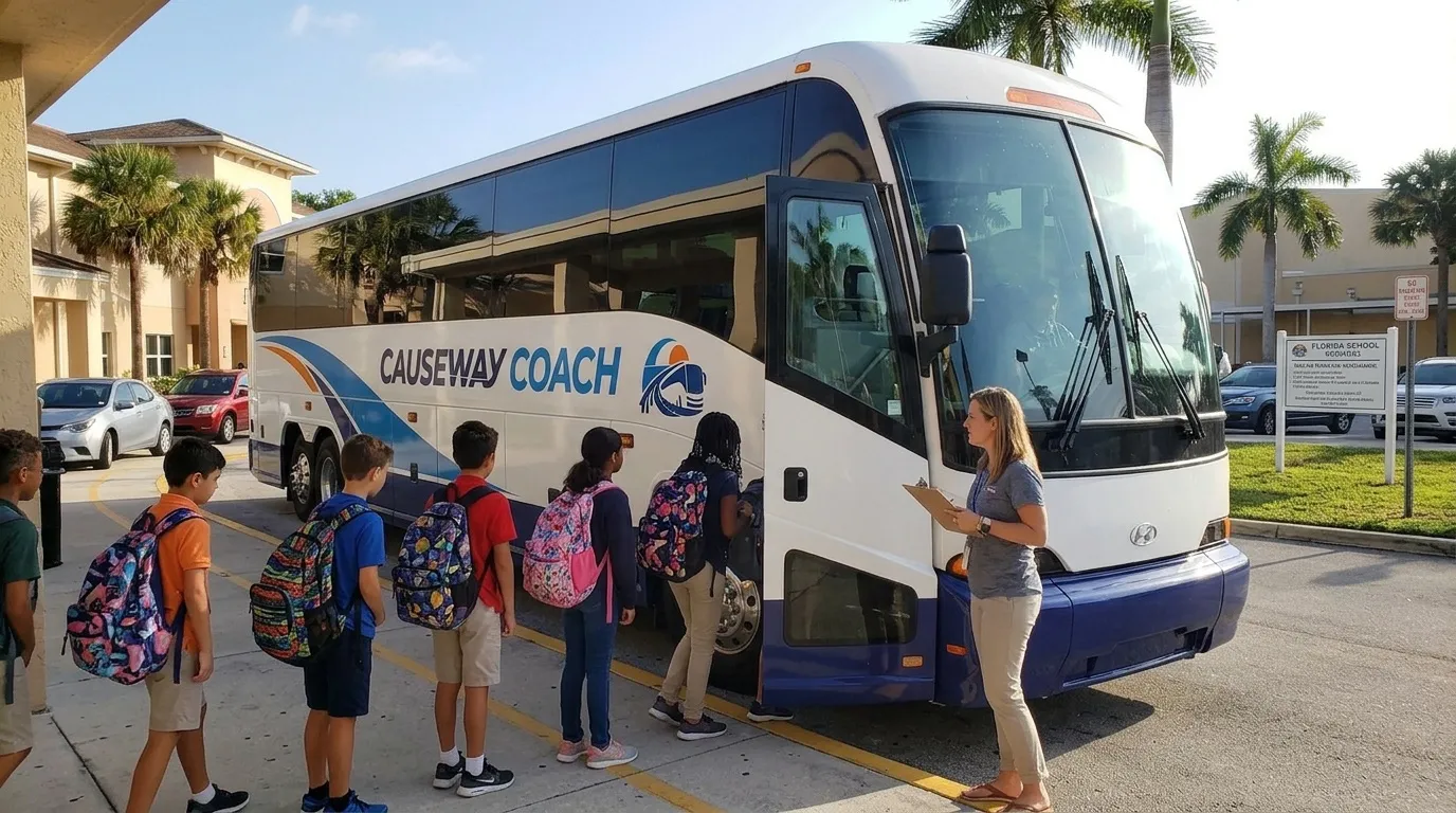 Students boarding a Causeway Coach charter bus outside a Florida school