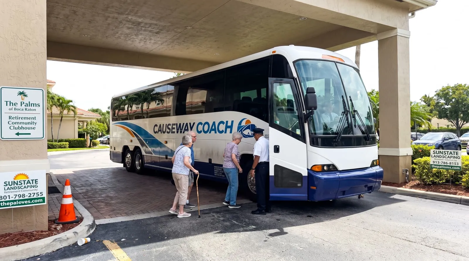 Causeway Coach mid-size coach at a Florida 55+ community entrance for a scheduled group outing