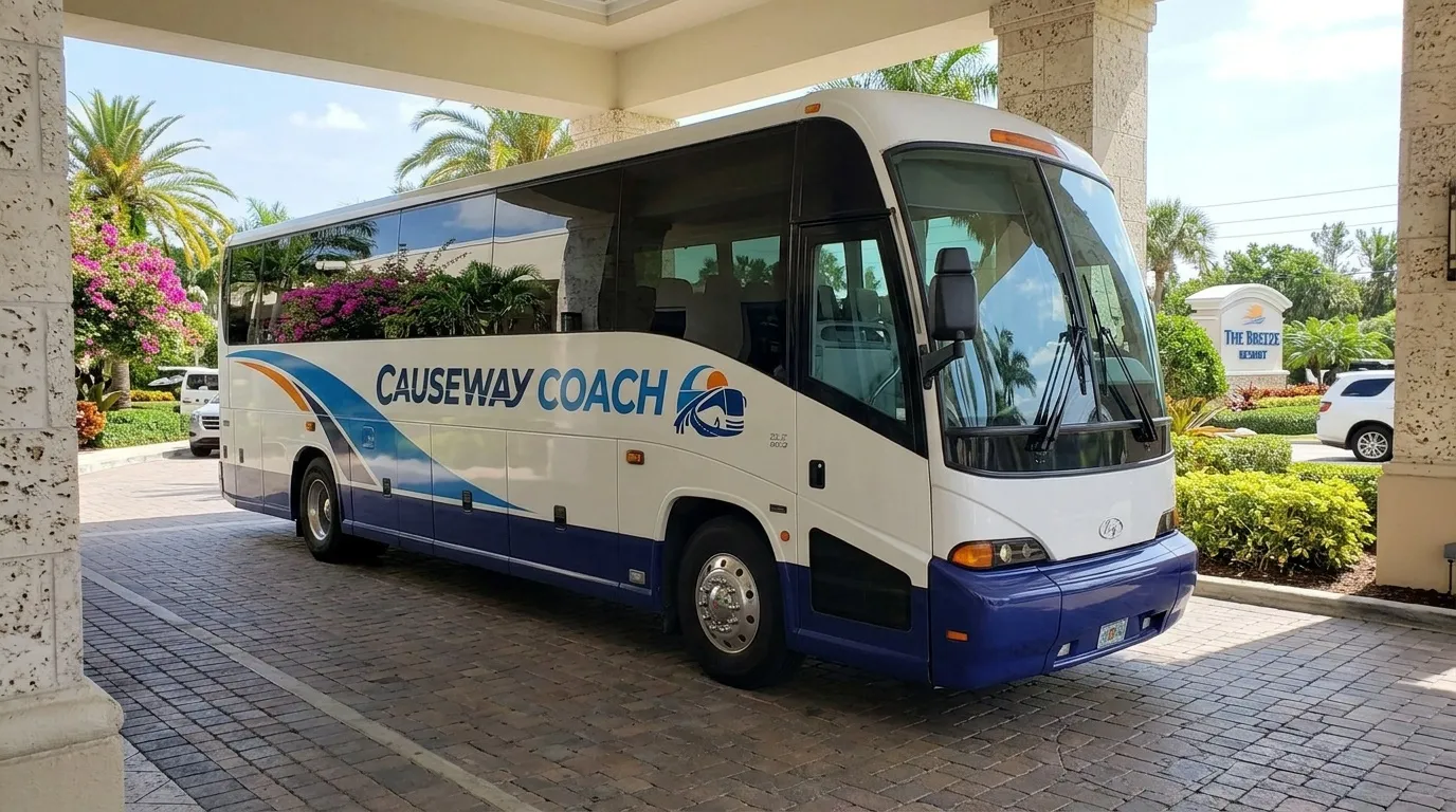 Causeway Coach mid-size coach parked on a Florida street ready for a group transfer